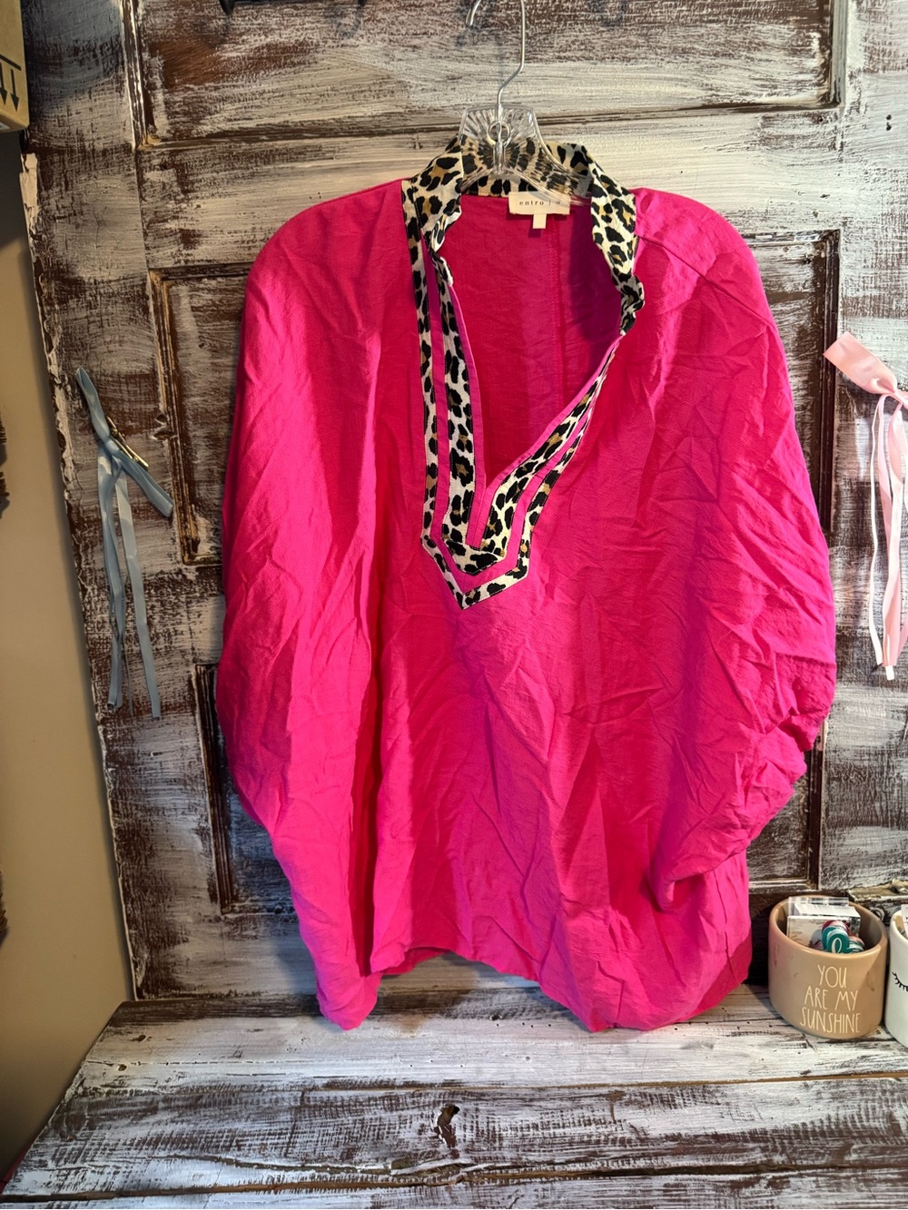 entro Bright Pink V-Neck Tunic with Leopard-Trim